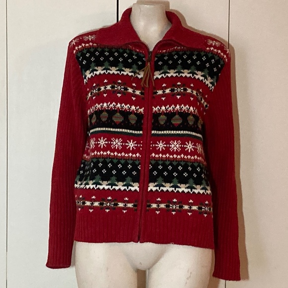 Christmas Sweater Casual Corner Annex Petite Medium Zip up Cardigan Red Cotton R - Picture 1 of 5